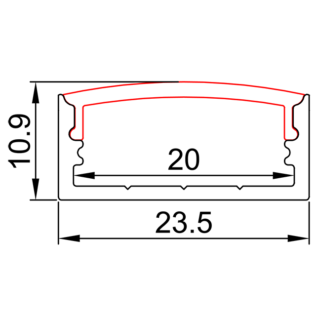 W23,5 мм * H10,9 мм (внутренняя ширина 20 мм) светодиодный алюминиевый профиль без крыла