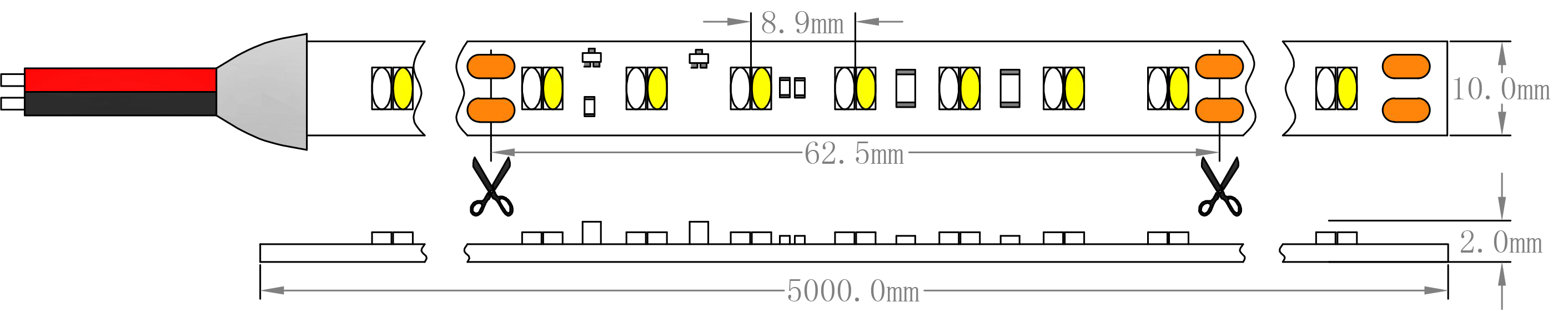 SMD2216 Dim to Warm Светодиодная лента Размеры